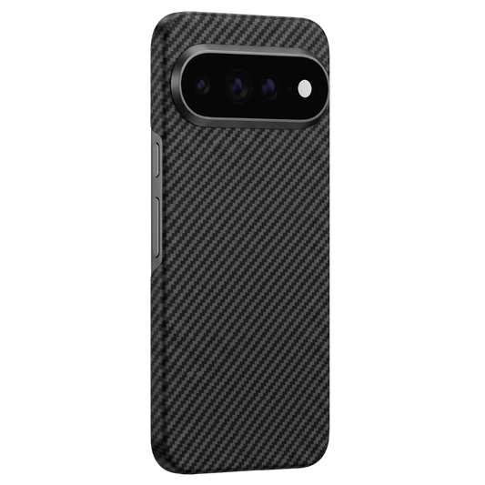 A google pixel 11 pro xl  case with a black carbon fiber pattern, shown from the back against a solid green background.