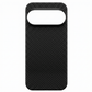 A black carbon fiber pixel 11 pro phone case with a large horizontal camera cutout at the top, shown on a plain white background.