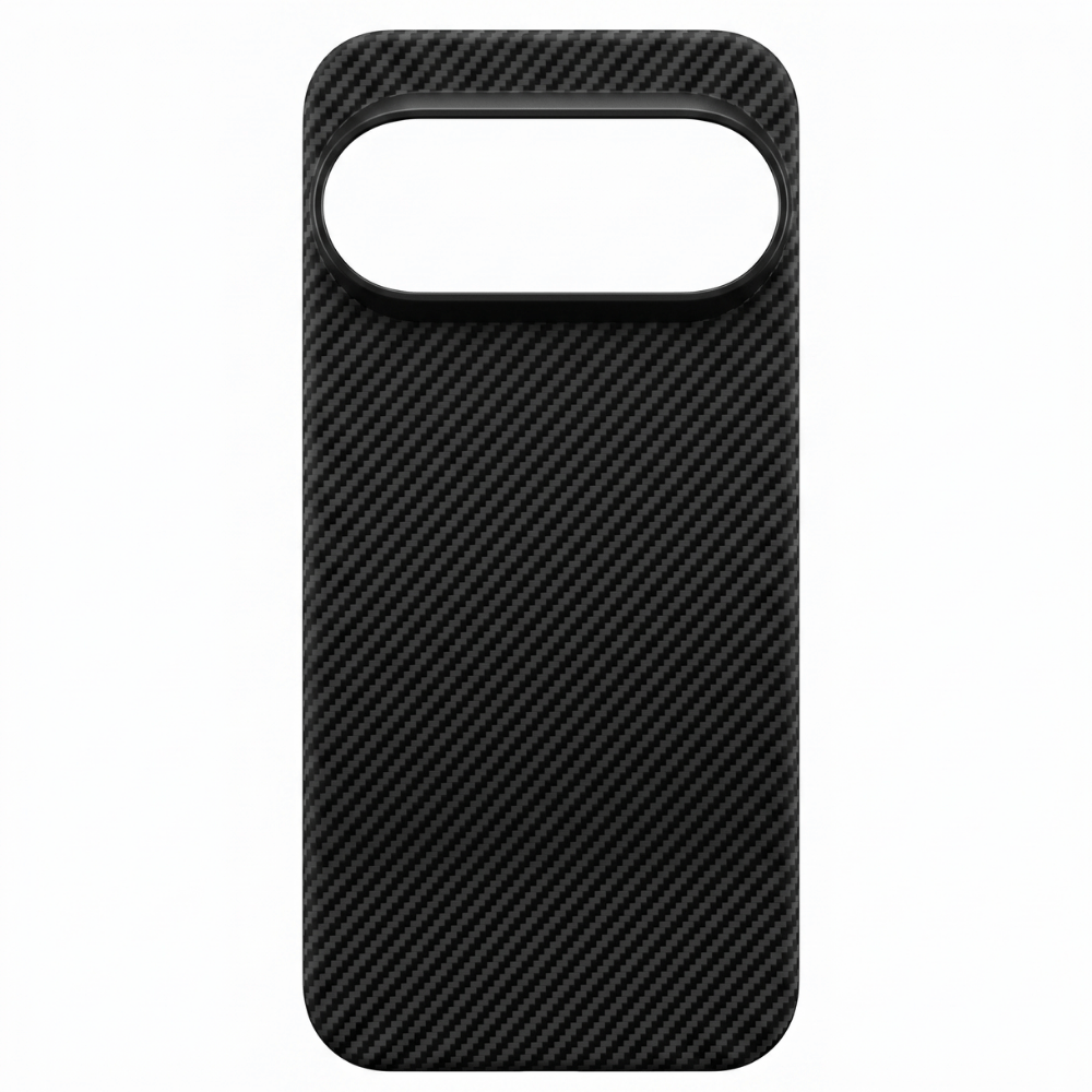 A black carbon fiber pixel 11 pro phone case with a large horizontal camera cutout at the top, shown on a plain white background.