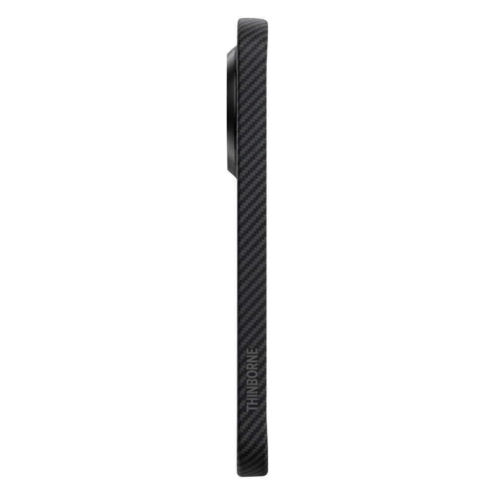 A slim black carbon fiber google pixel 11 pro case with a visible camera cutout and the brand name 'Thinborne' printed vertically near the bottom, shown against a solid green background.