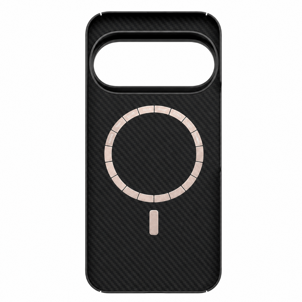 A black carbon fiber google pixel 11 pro xl  phone case with a circular MagSafe-compatible ring and a vertical alignment mark, shown on a plain white background.