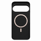 A black carbon fiber google pixel 11 pro xl  phone case with a circular MagSafe-compatible ring and a vertical alignment mark, shown on a plain white background.