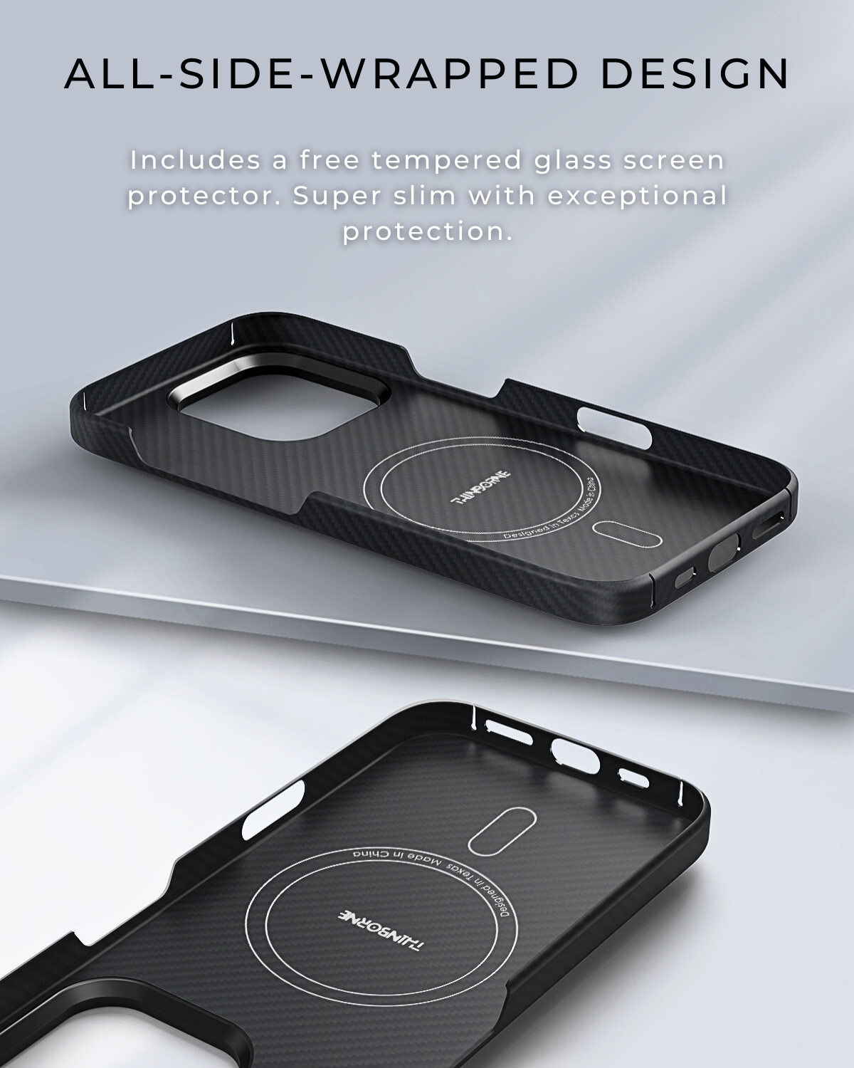 different angles to show the inside of the iphone 16 carbon fiber case and the 4 sides wrapped design. 