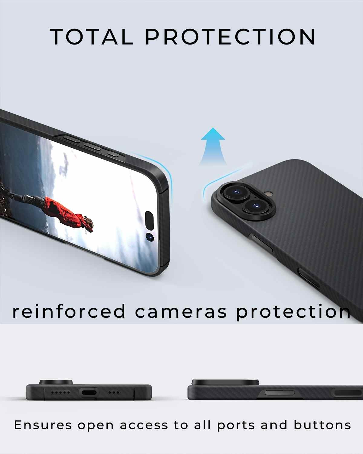 Showing the fit of the iPhone 16 minimalist case from all sides—precise cutouts, slim profile, and edge-to-edge coverage.