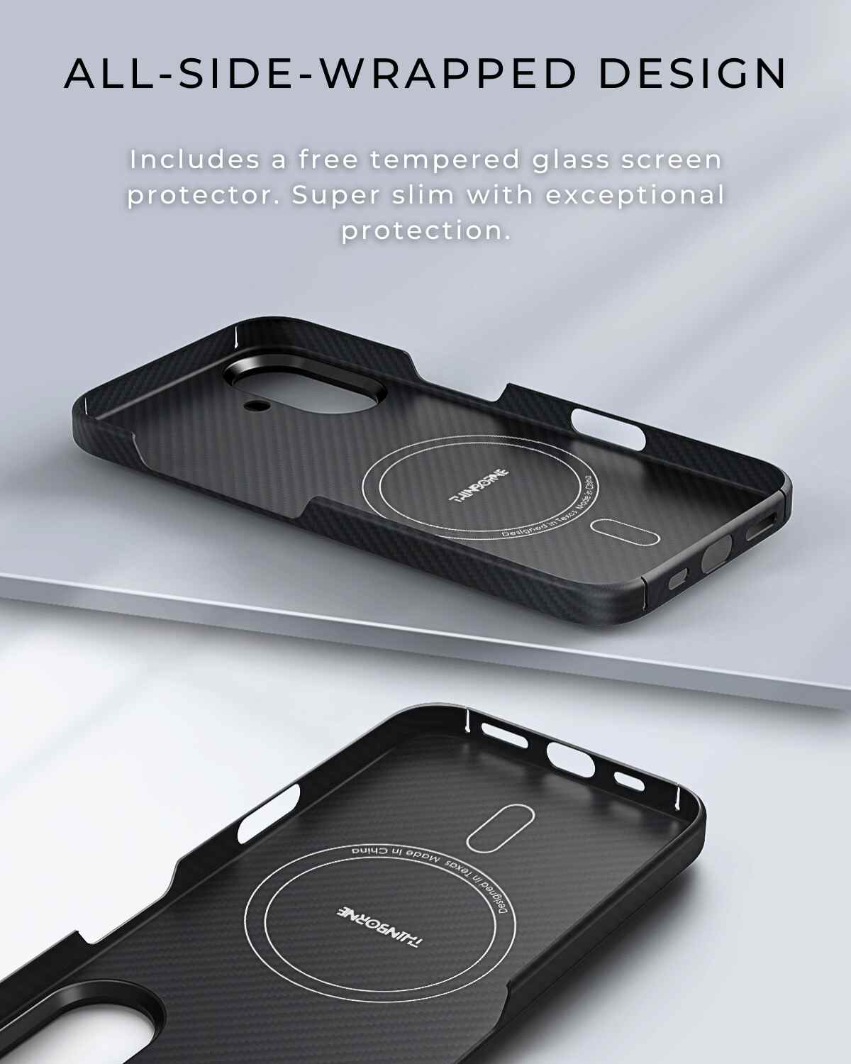 Showing the inside of the ultra-slim iPhone 16 case, including precise cutouts for charging ports, buttons, camera, and speakers.