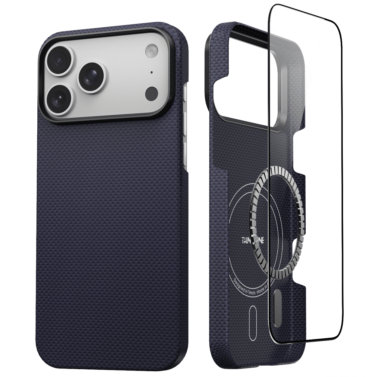 showing the front and back of the iphone 18 pro max aramid fiber case with a tempered glass screen protector