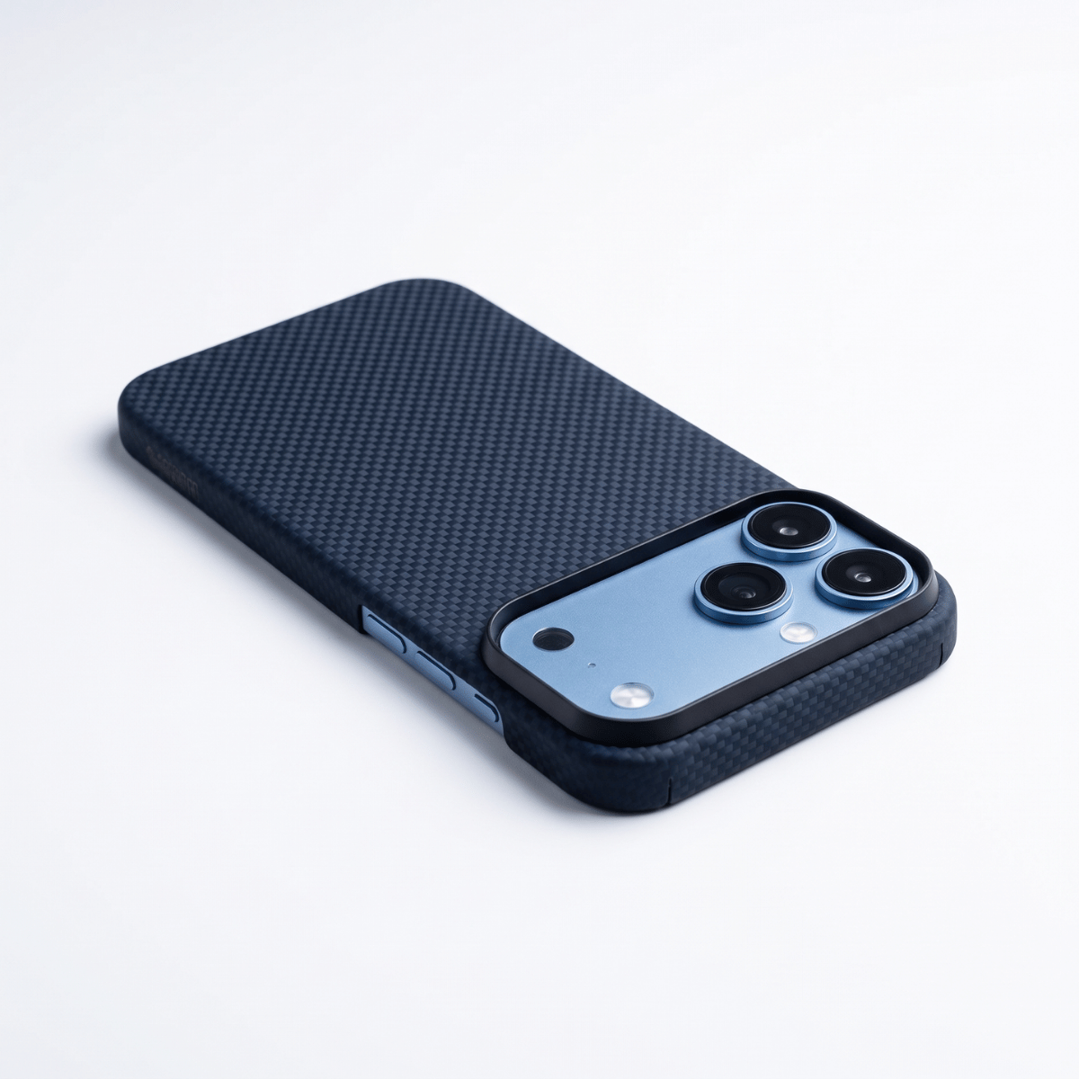 iphone 18 pro max with navy aramid fiber laying on the white surface