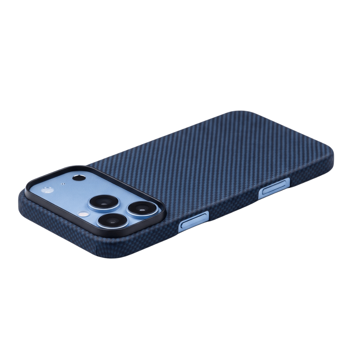 navy iphone 18 pro max aramid fiber case laying on the surface with screen facing down