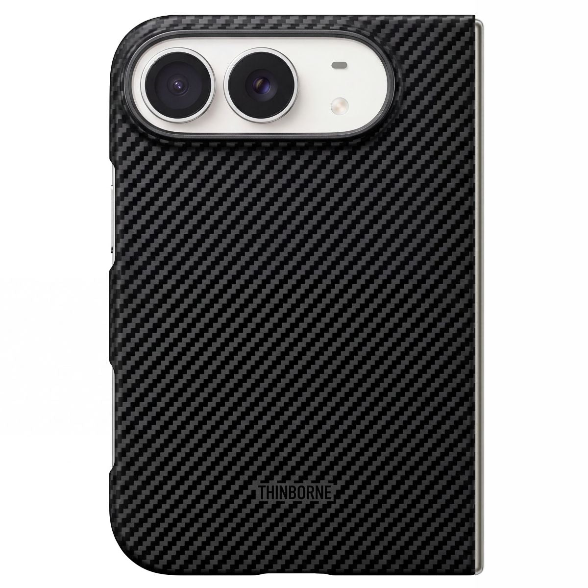 A black carbon fiber iPhone Duo phone case with a Thinborne logo near the bottom, shown on a white background.