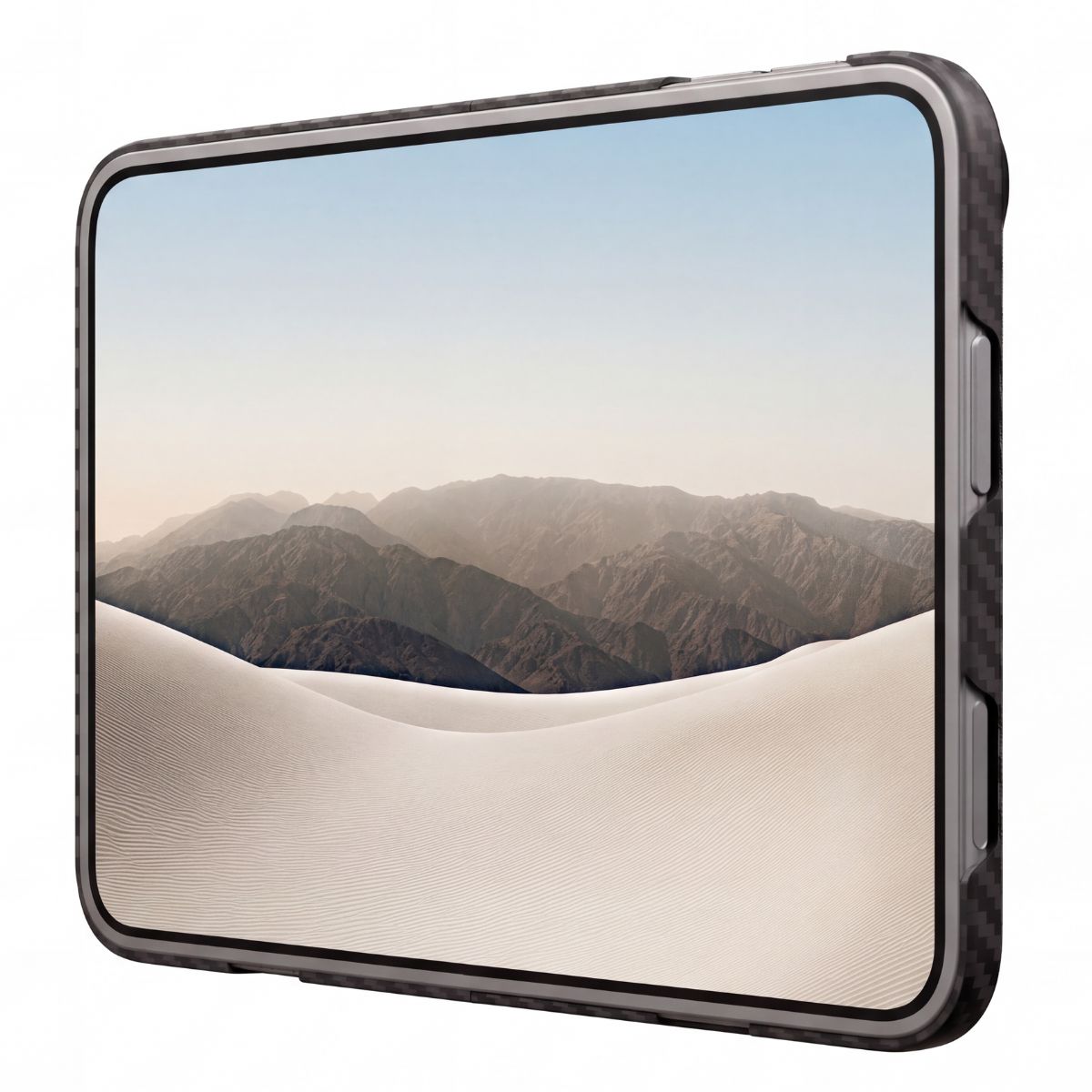 A SLEEK IPHONE DUO case with a dark gray and black textured frame, shown on a white background. The screen displays a desert landscape wallpaper.