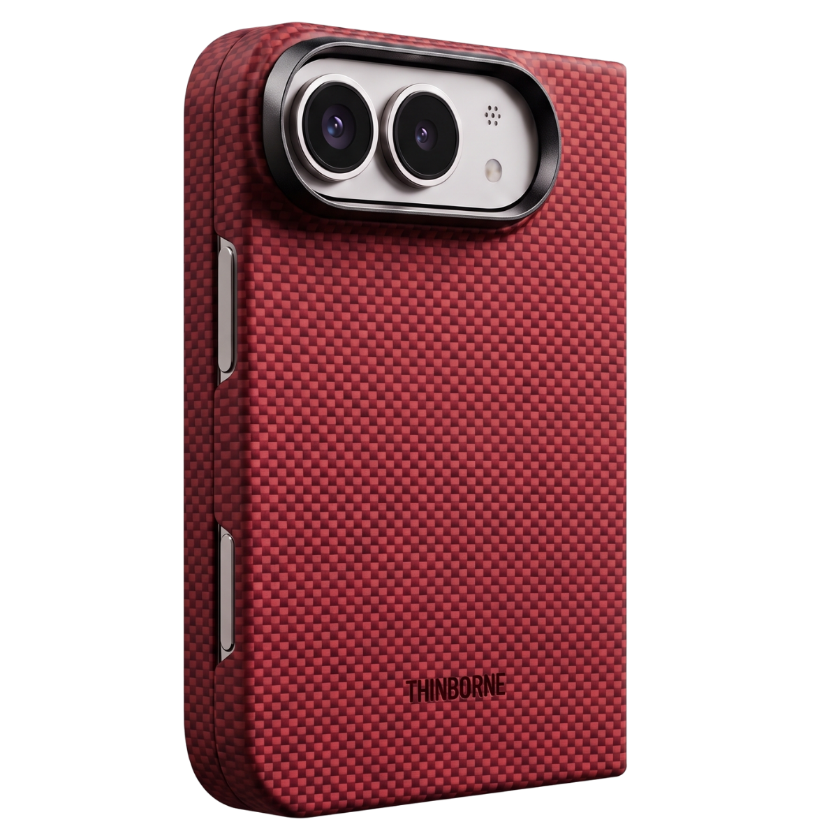 A red carbon-fiber iphone duo phone case with a black camera bumper and silver side buttons, shown on a white background.