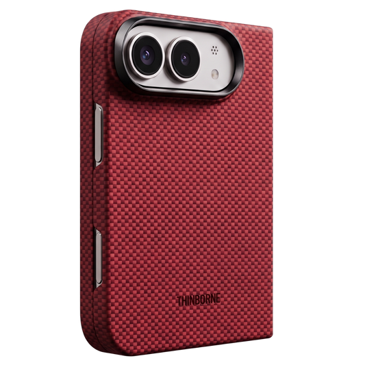 A red carbon-fiber iphone duo phone case with a black camera bumper and silver side buttons, shown on a white background.