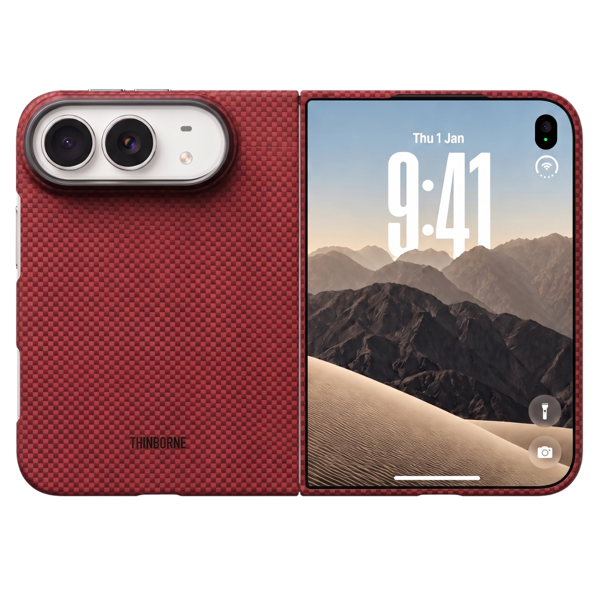 A red textured iphone duo phone case shown open, with the back panel on the left and the inner screen area on the right. The case has a carbon-fiber-like pattern and the brand name THINbore printed near the bottom.