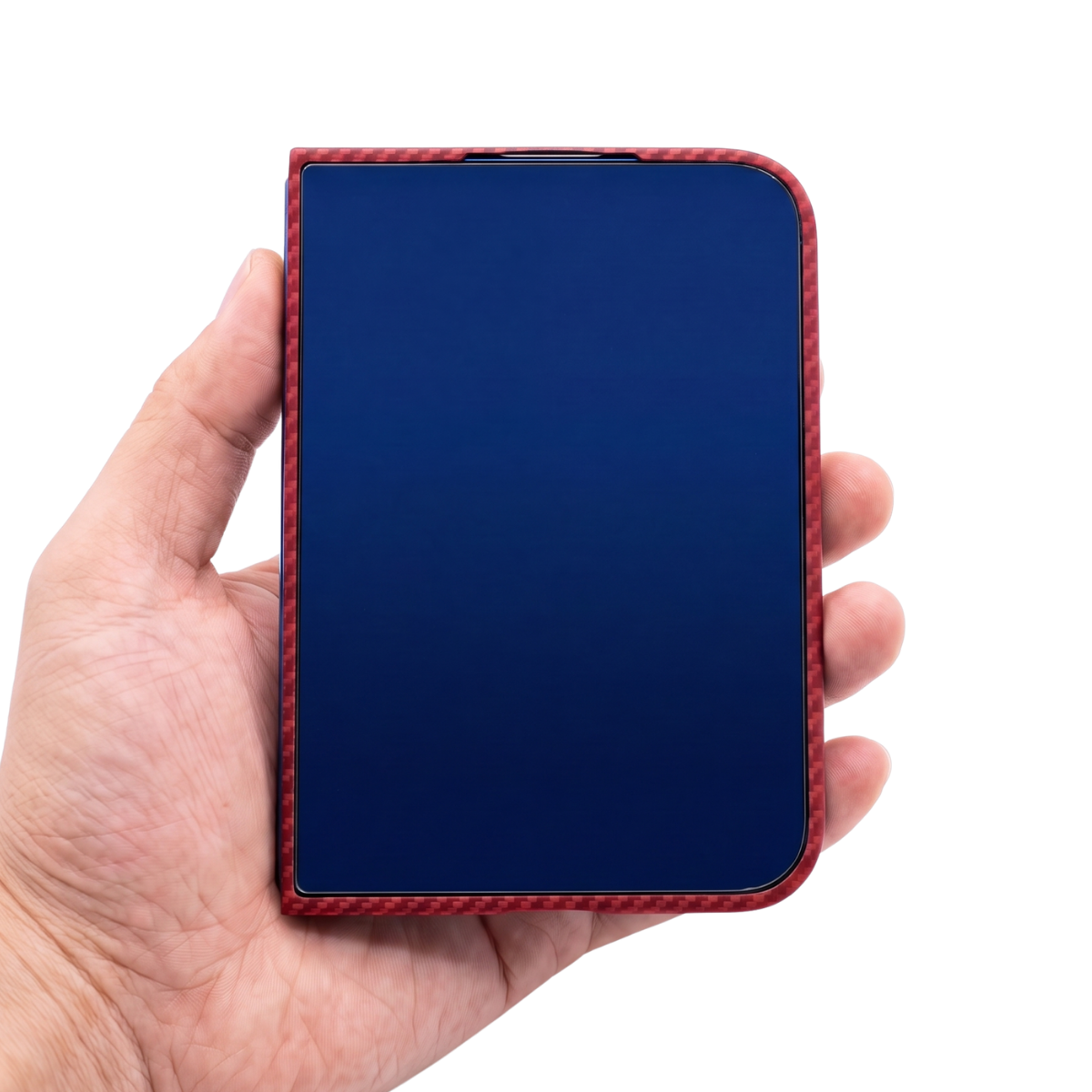 A hand holding a smartphone with a dark blue screen and a red iphone duo protective case, shown against a plain white background.