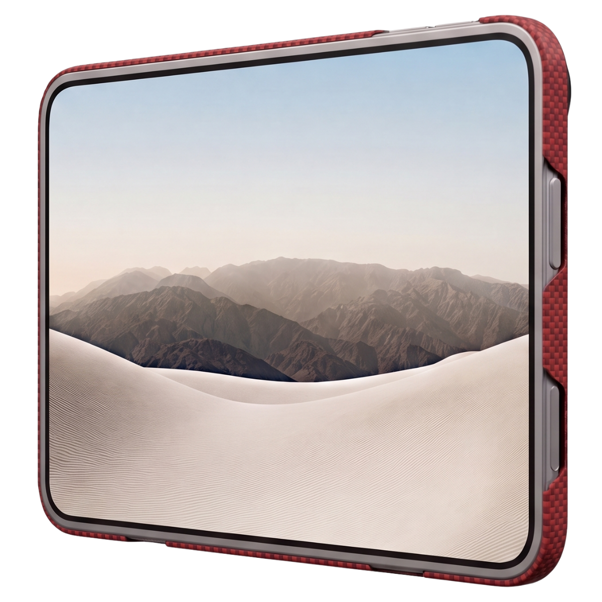 A iphone duo shown at an angle with a red textured aramid fiber iphone duo case and a silver inner frame. The screen displays a desert landscape wallpaper of mountains and sand dunes.