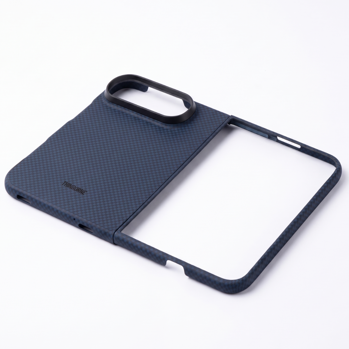 A dark navy blue iphone duo phone case with a textured carbon-fiber-like pattern, featuring a large camera cutout and a sliding cover design, shown on a clean white background.
