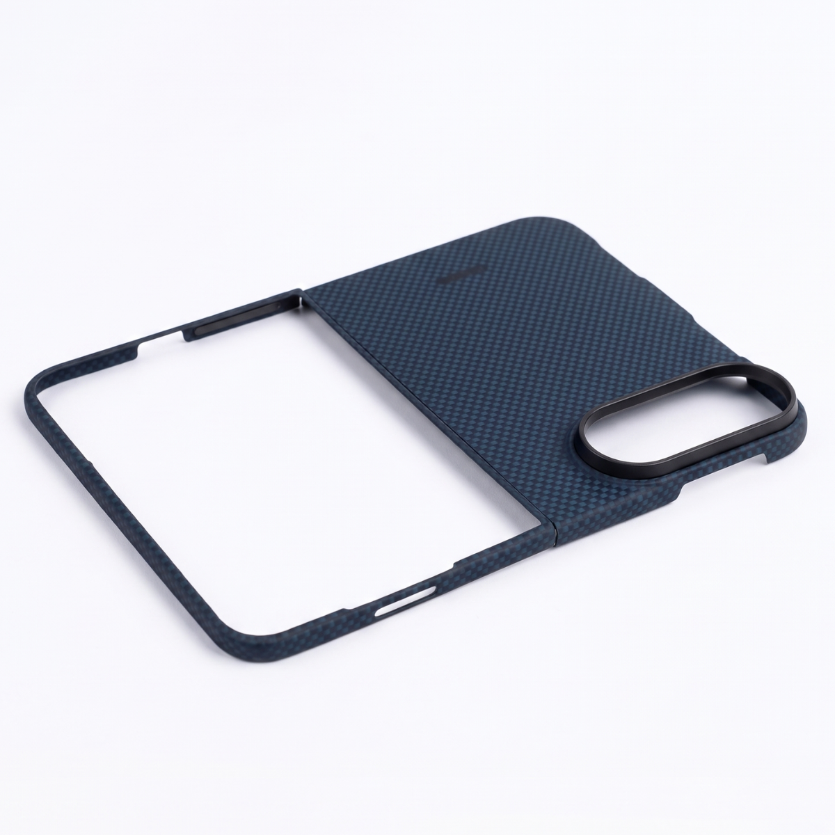 A dark navy blue carbon fiber iphone duo phone case with a black metal camera ring, displayed on a clean white background.