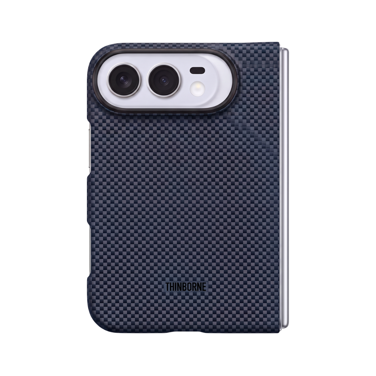 A dark navy blue carbon fiber iphone duo phone case with a black camera bumper and a silver edge, shown on a white background.