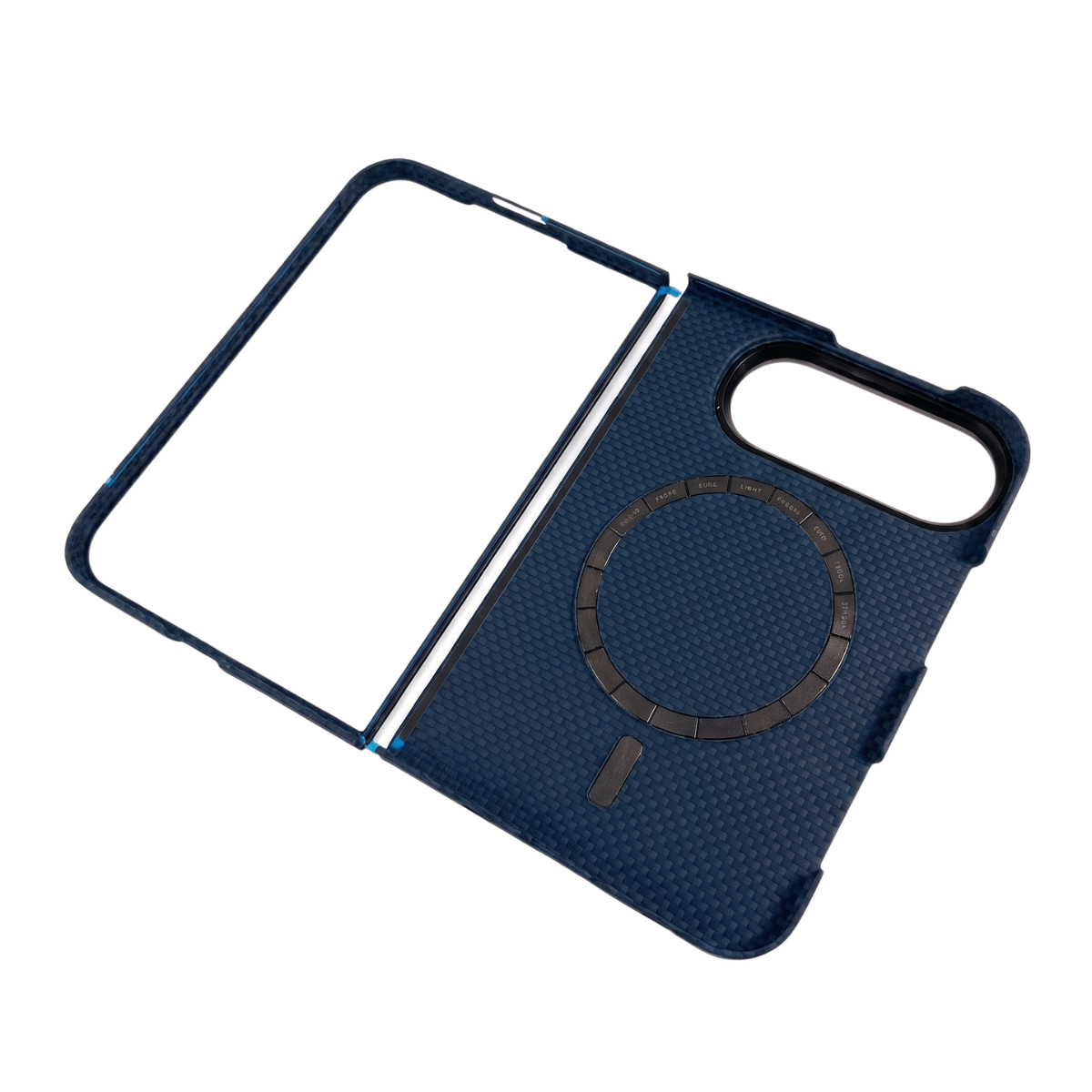 A dark blue textured iphone duo phone case with a built-in kickstand and camera cutout, displayed on a clean white background.
