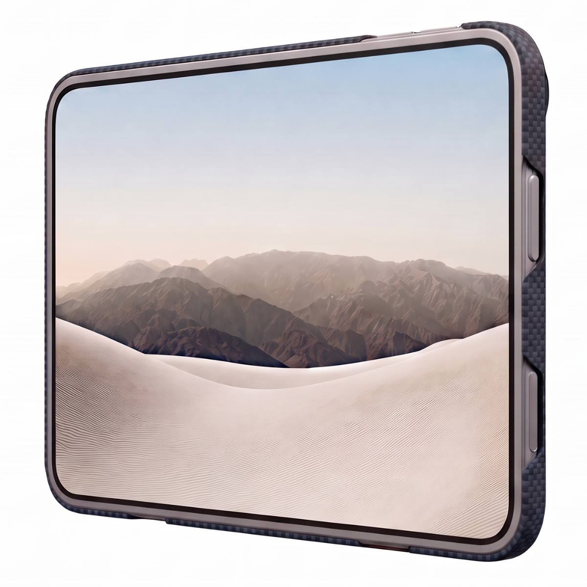 iphone duo case with a dark textured carbon-fiber-style border and a screen protector showing a desert mountain wallpaper, isolated on a white background.