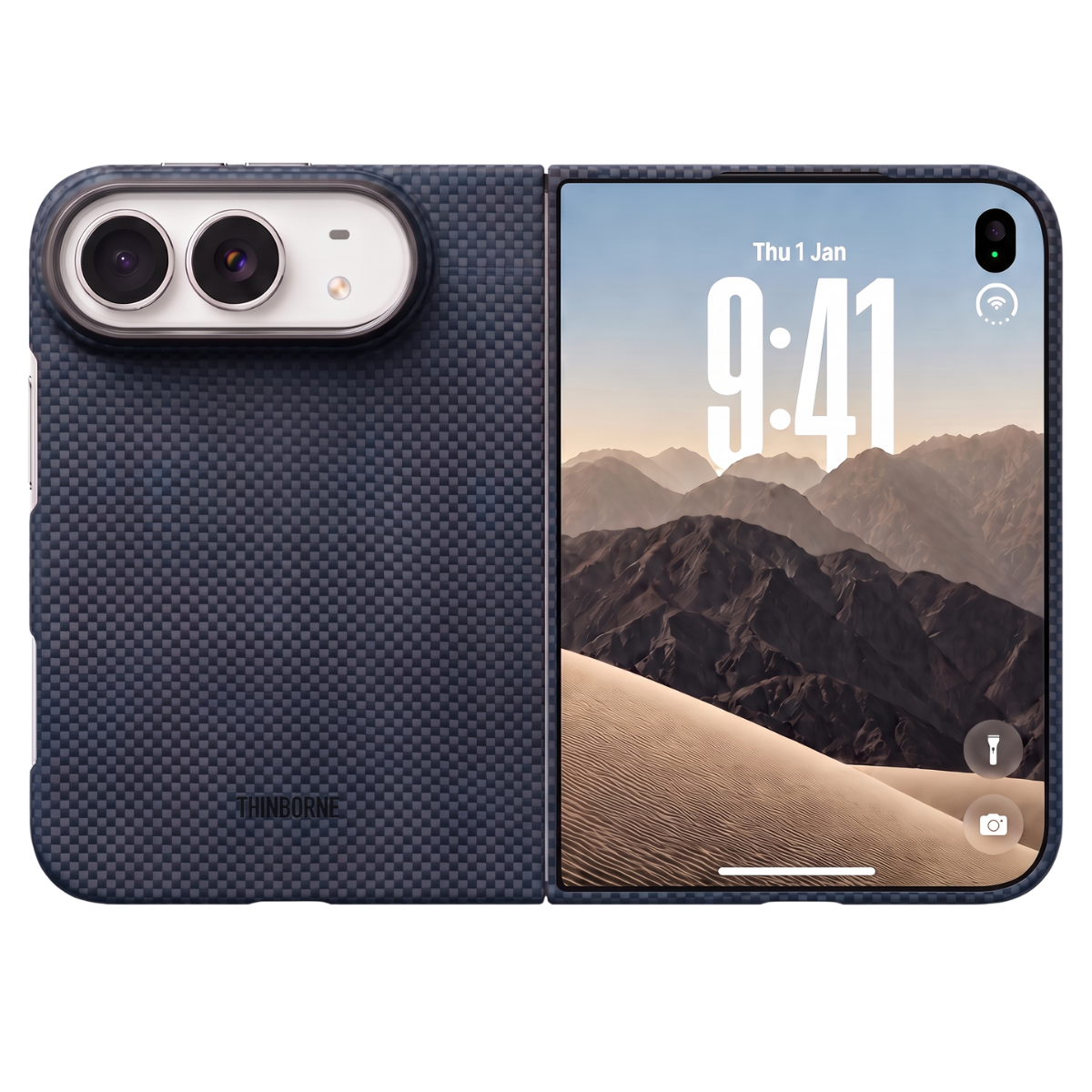 A carbon-fiber-textured dark blue iphone duo case shown open, with the back panel on the left and the phone screen visible on the right. The case has a visible TIGERMADE logo near the bottom.