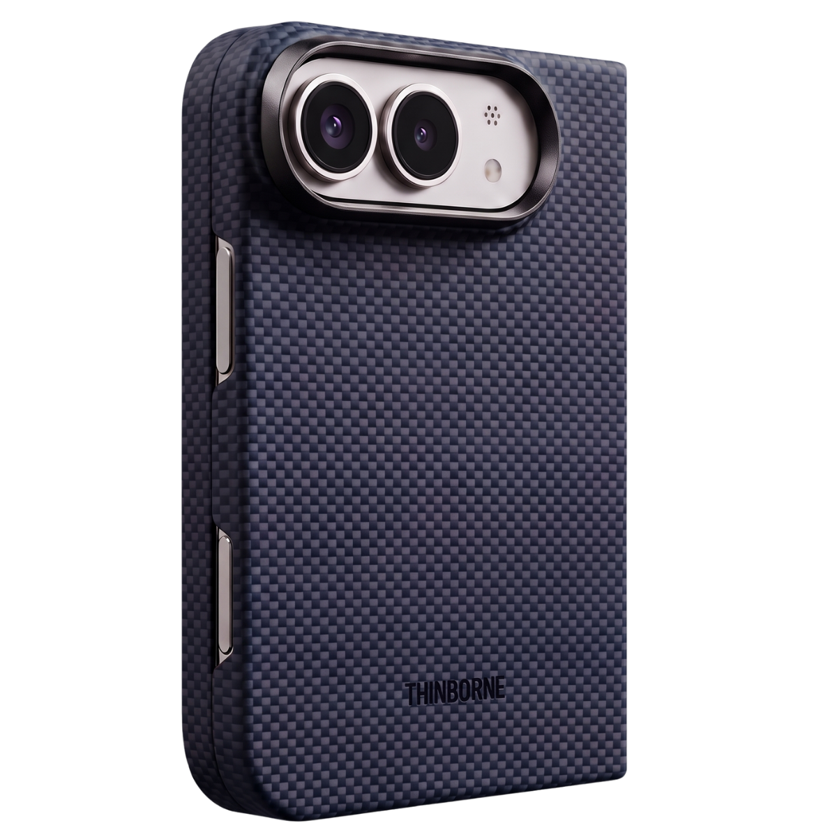 A dark navy blue carbon fiber iphone duo phone case with a raised camera bumper, shown on a plain white background.