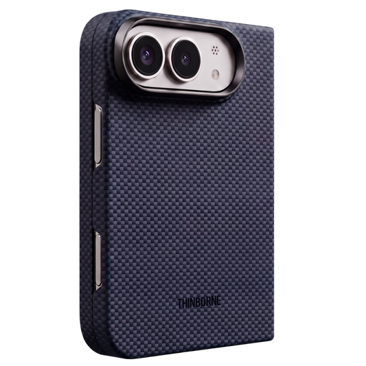 A dark navy blue carbon fiber iphone duo phone case with a raised camera bumper, shown on a plain white background.