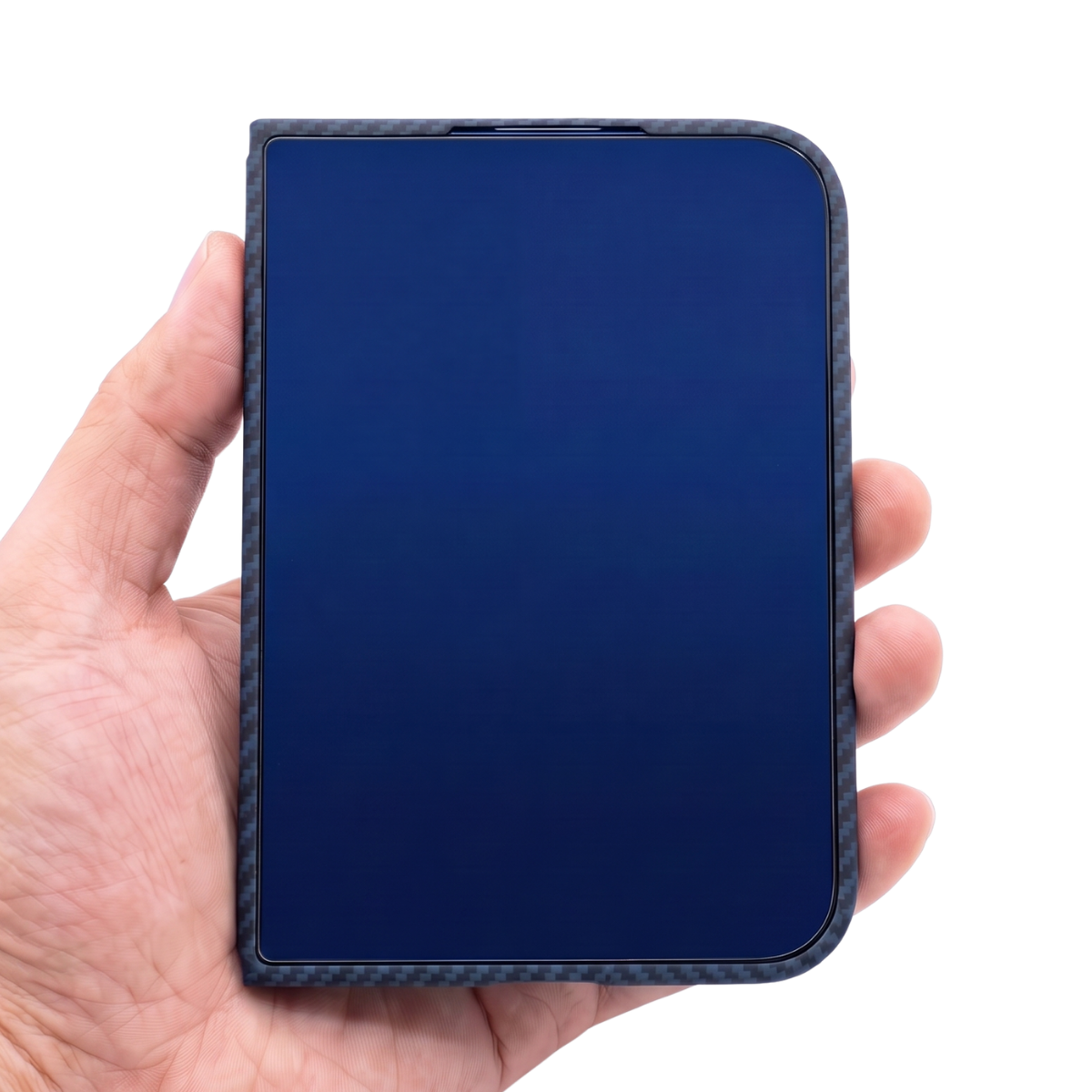 A hand holding iPhone duo with a dark blue screen protector and a textured dark gray carbon fiber-patterned border, shown against a solid white background.