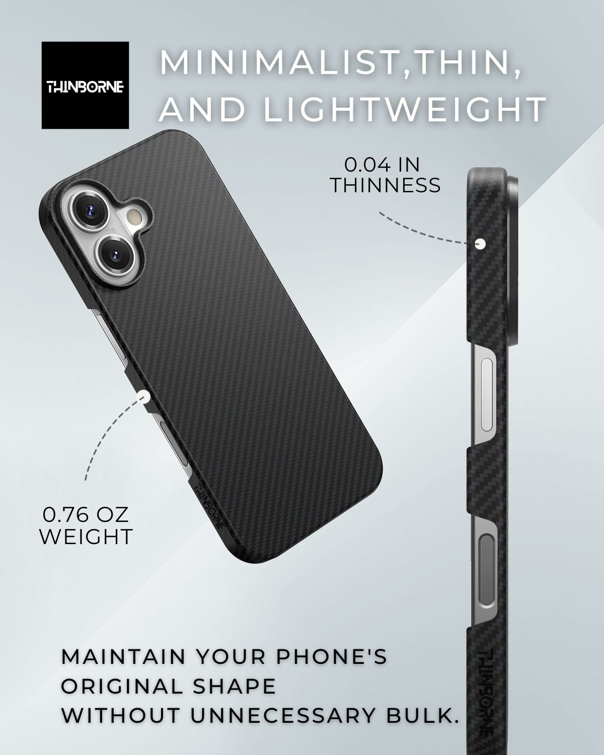 Thin phone case with text highlighting its thinness, weight, and design features on a light gray background.