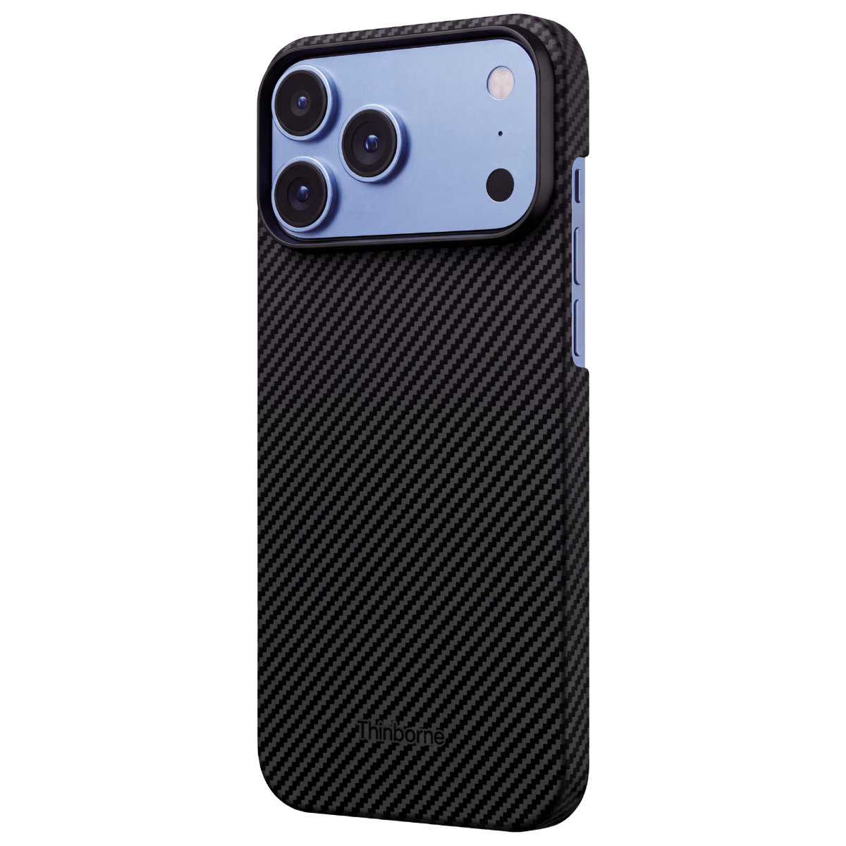 Thinborne iPhone 18 Pro case in black 600D aramid fiber, rear view showing the blue iPhone camera system and raised camera protection