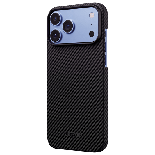 Thinborne iPhone 18 Pro case in black 600D aramid fiber, rear view showing the blue iPhone camera system and raised camera protection