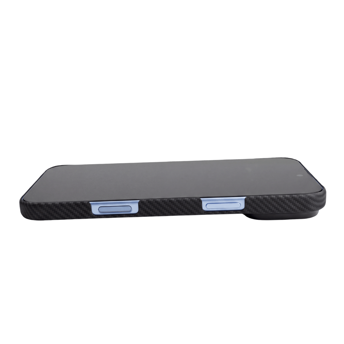 Thinborne iPhone 18 Pro aramid fiber case shown from the side, highlighting the ultra-thin profile and exposed blue metal buttons