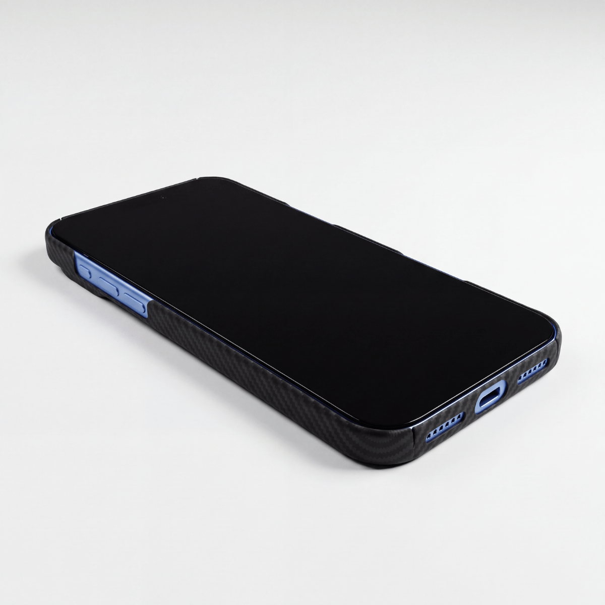 iPhone 18 Pro in a Thinborne ultra-thin aramid fiber case, showing precise side buttons, speaker openings, and USB-C charging port cutout