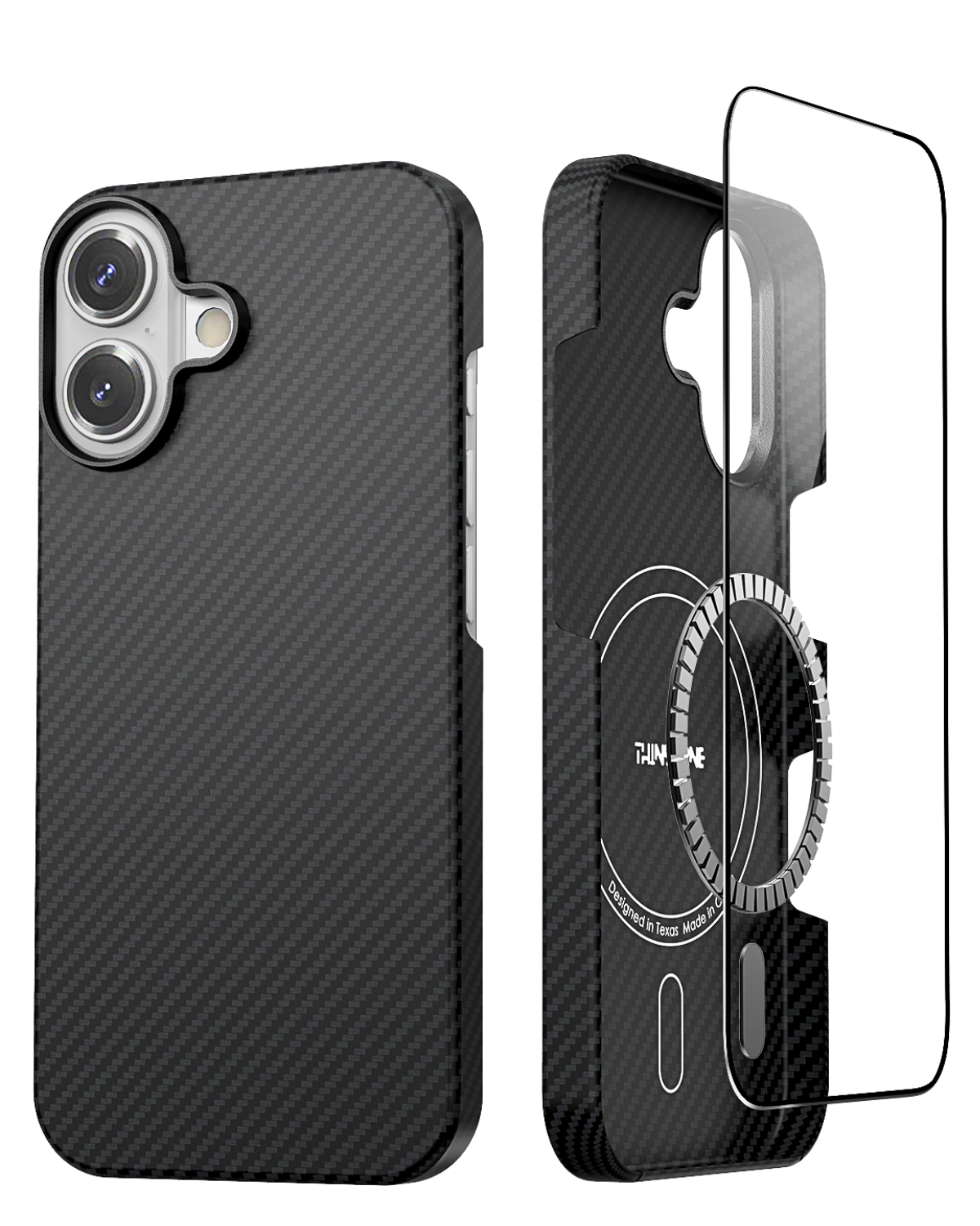 Black iphone 17 case with ring holder and screen protector on a white background