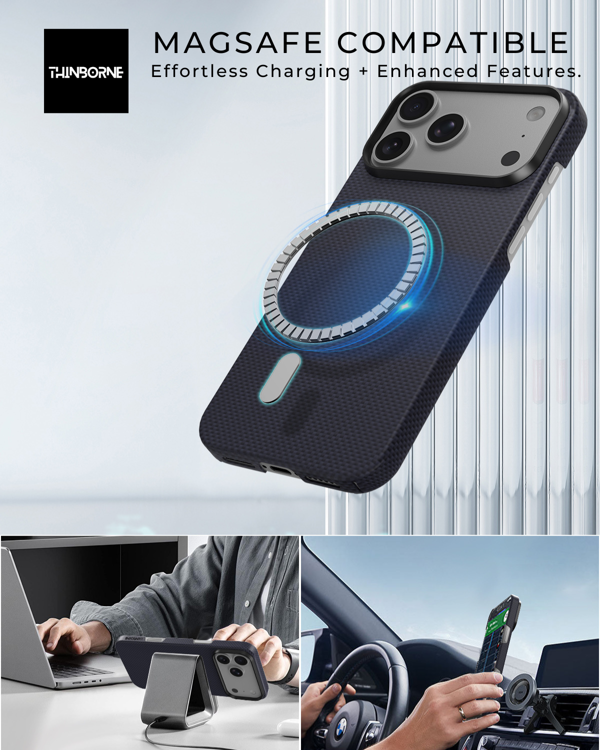 showing the iphone 17 pro max case's magsafe design and how people use it in car and office