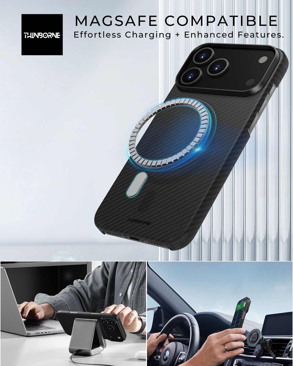 Thinborne iPhone 17 Pro case with built-in MagSafe compatibility for effortless charging and secure magnetic attachment in car and desk mounts.