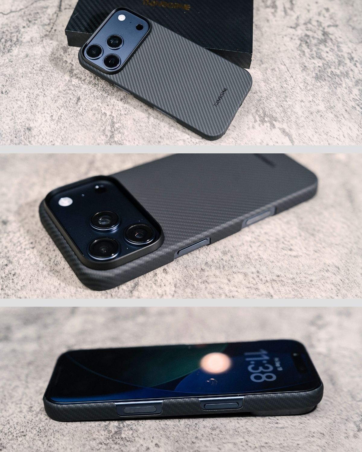 A composite image showing a black iPhone case on a concrete background from three different angles, highlighting the camera cutouts and side buttons.
