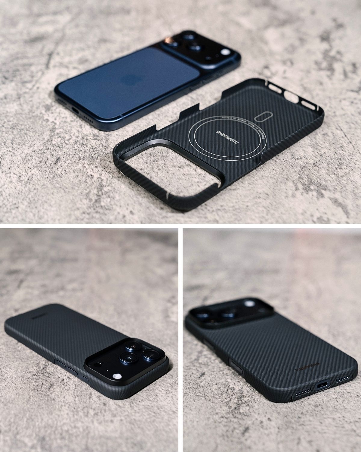 A composite image showing the inside of a black iPhone case with a MagSafe ring and the brand name "THINBORNE," alongside views of the case on and off a blue iPhone.