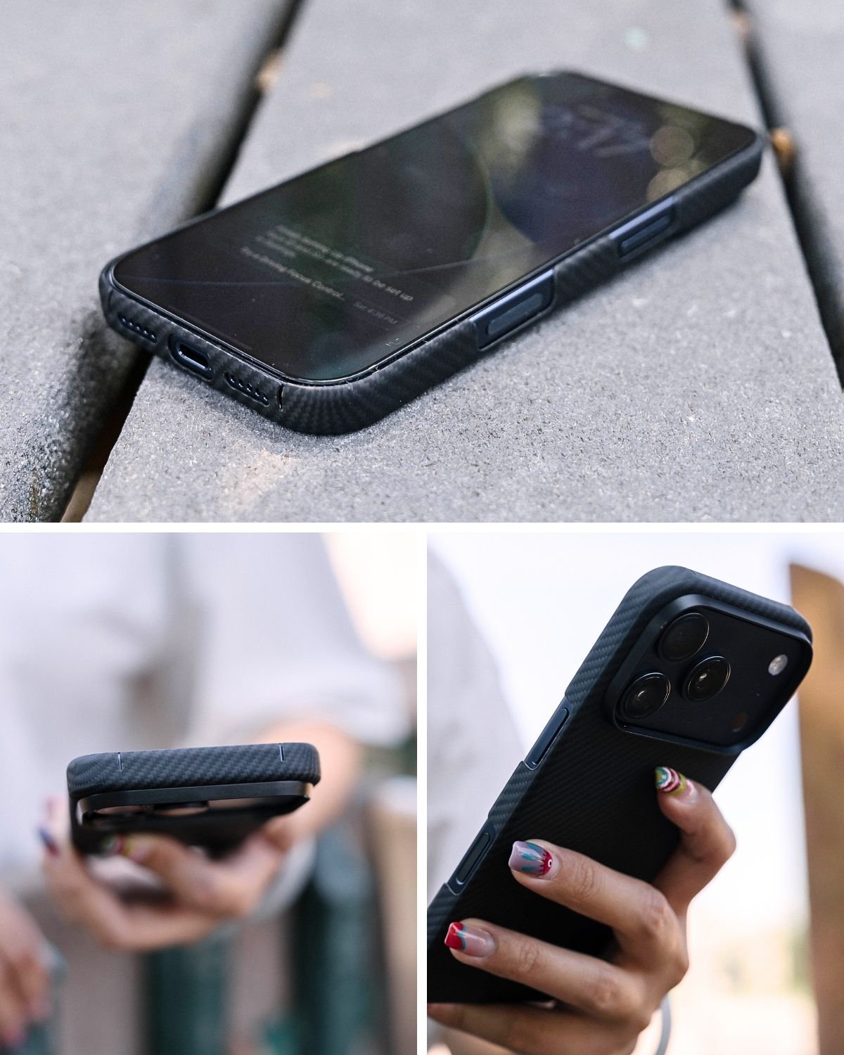A composite image showing a black iPhone case from three angles: a close-up of the phone lying on a concrete surface, a side view while held in hand, and a rear view showing the cameras.