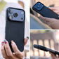 A composite image showing a person holding an iPhone with a black, textured case, with views of the camera and a side profile.