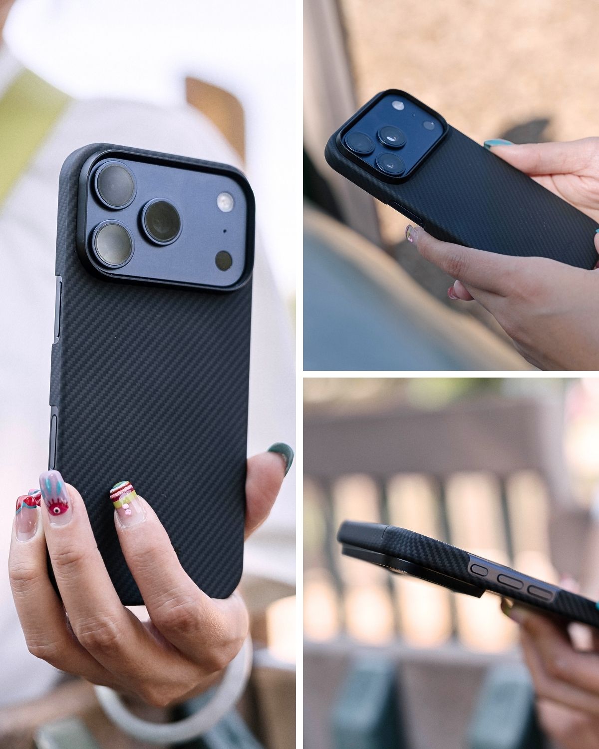 A composite image showing a person holding an iPhone with a black, textured case, with views of the camera and a side profile.