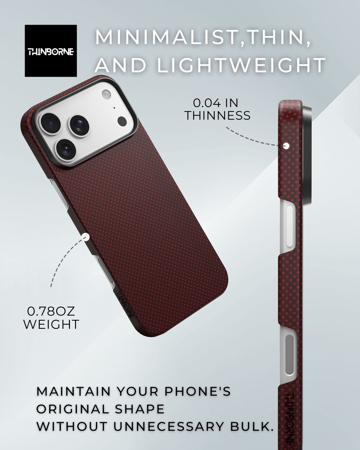 back and side view of iphone 17 pro case in red, to show how thin and lightweight it is.