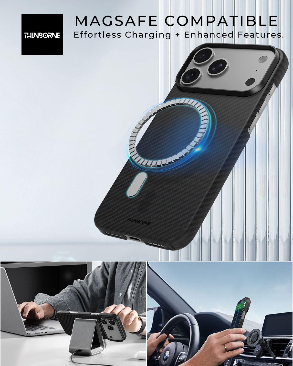 Thinborne iPhone 17 Pro case with built-in MagSafe compatibility for effortless charging and secure magnetic attachment in car and desk mounts.