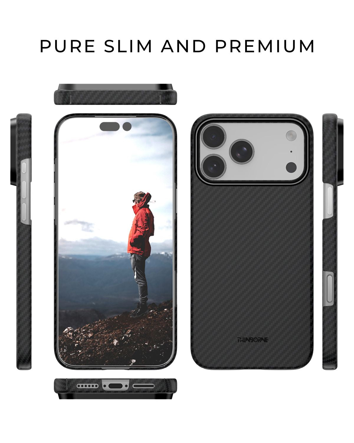 Front and back view of Thinborne iPhone 17 Pro case, sleek carbon fiber finish with slim, premium design and solid grip.