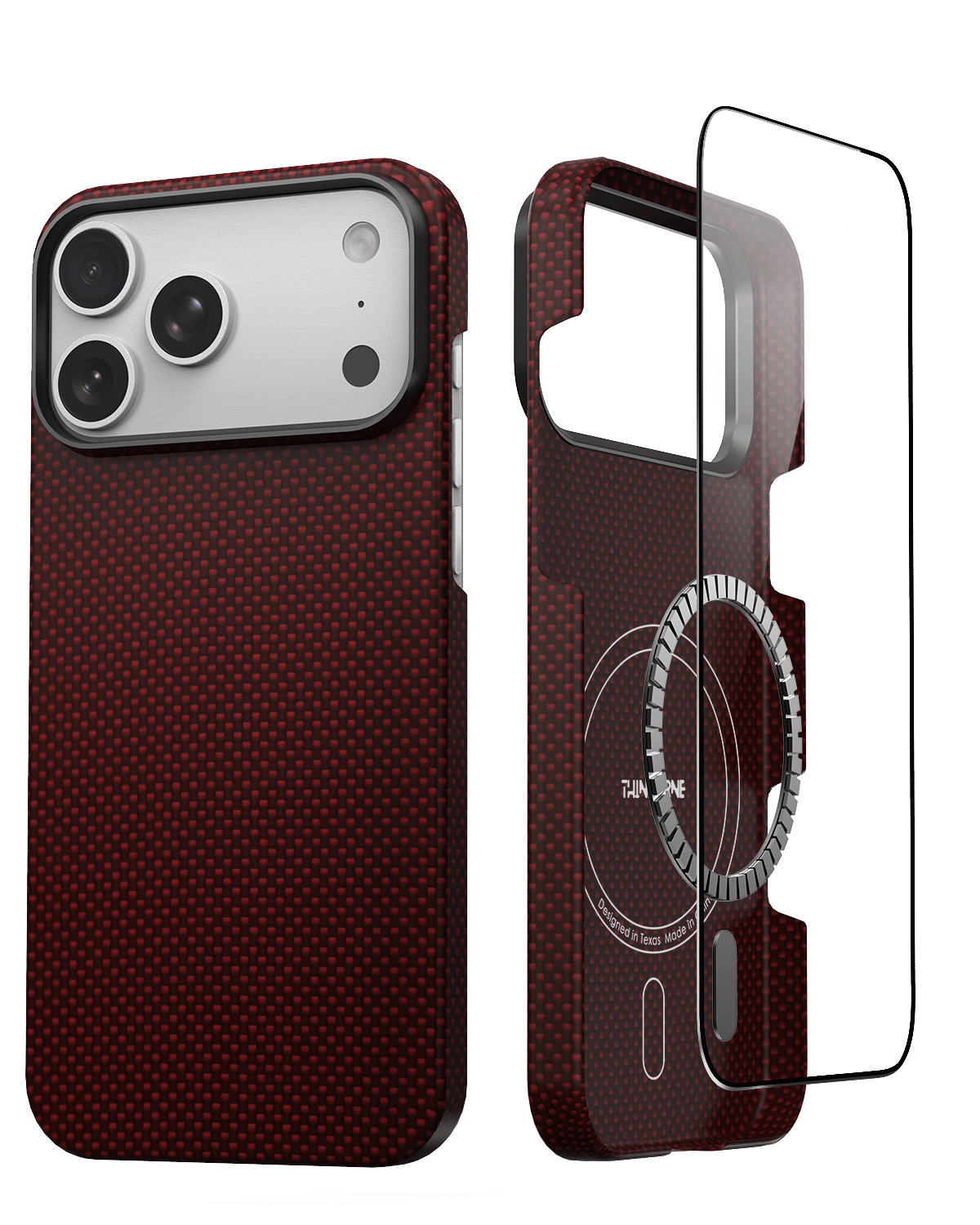 Red textured Iphone 17 pro aramid fiber  case with a clear screen protector on a white background