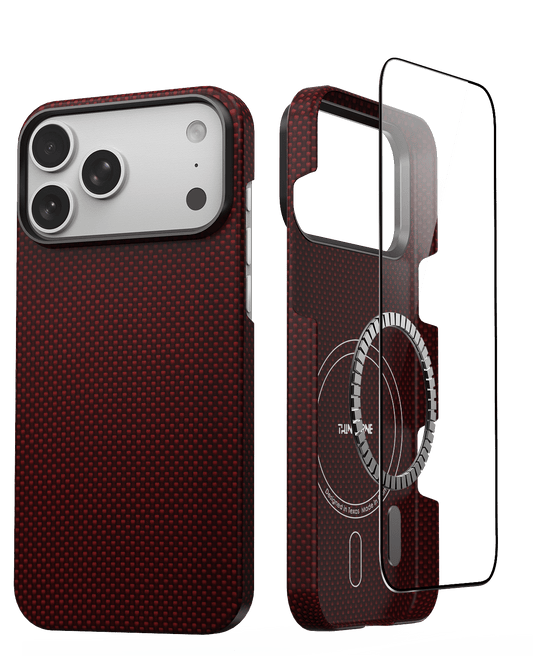 Red textured Iphone 17 pro aramid fiber  case with a clear screen protector on a white background