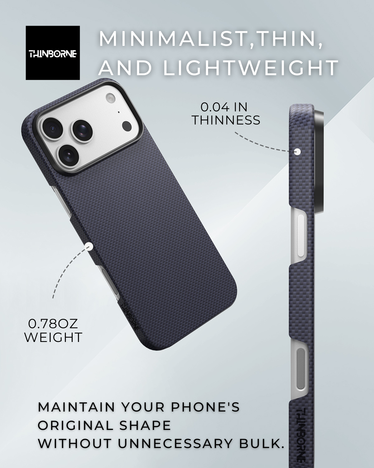 Thin iphone 17 pro 
case with text highlighting its thinness, weight, and design features on a light gray background.