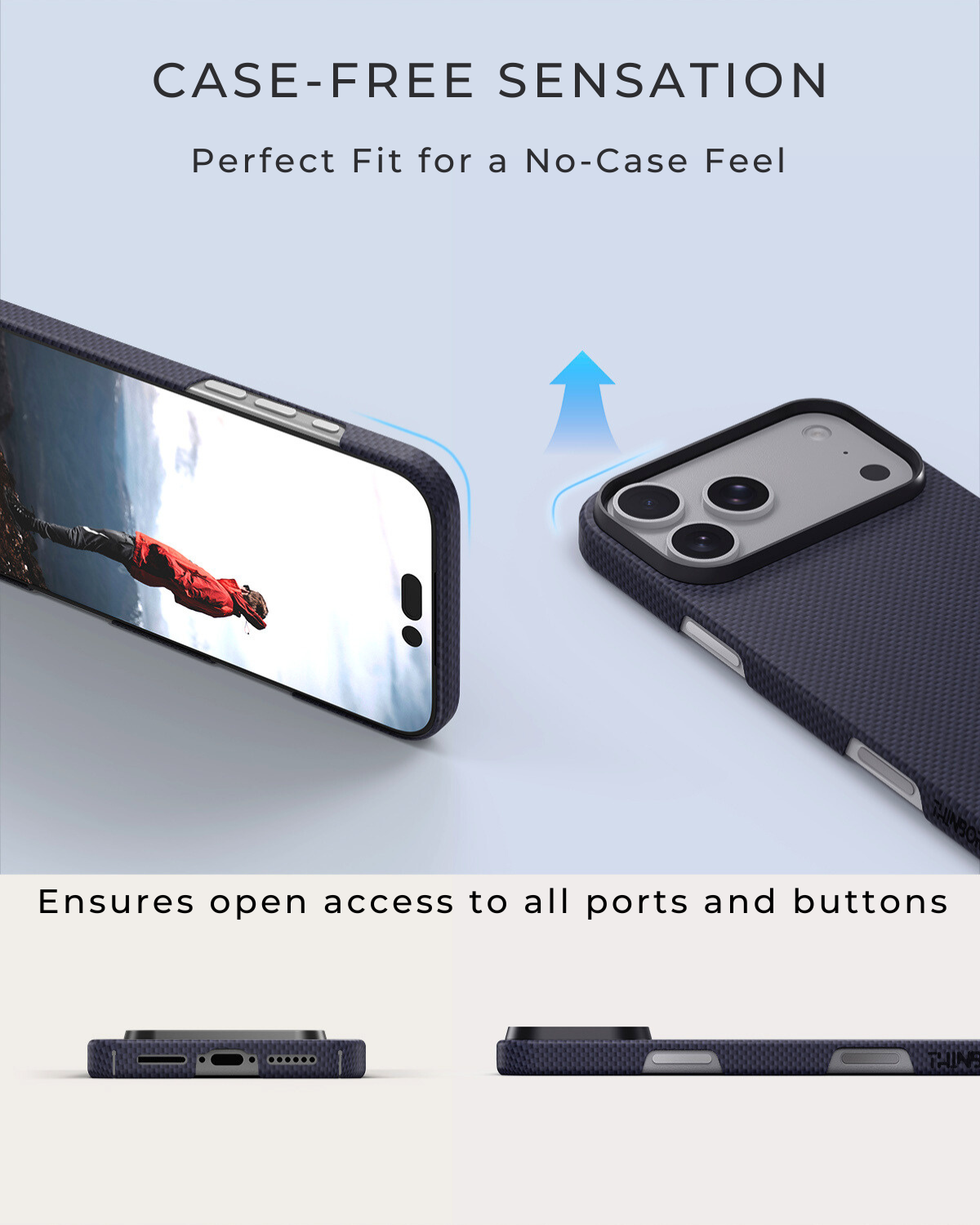 iphone 17 pro case with text 'Case-Free Sensation' and 'Perfect Fit for a No-Case Feel'.