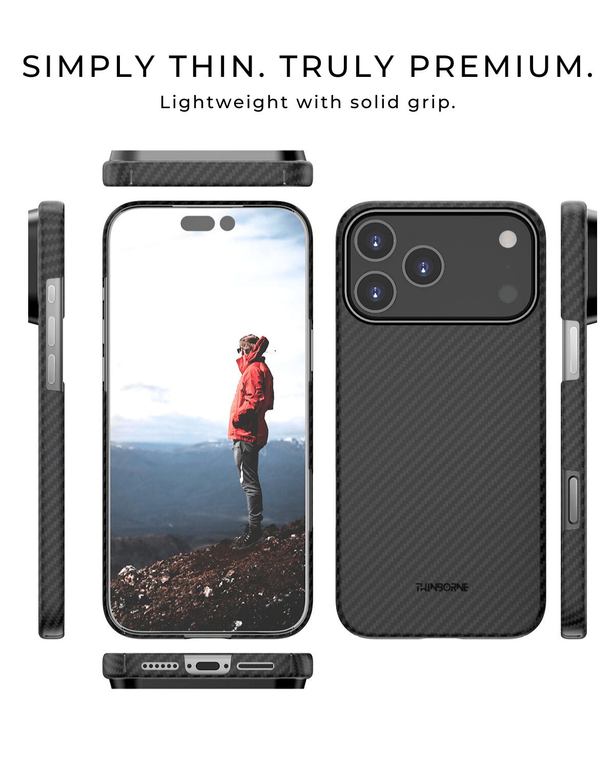 Front and back view of Thinborne iPhone 17 Pro Max case, sleek carbon fiber finish with slim, premium design and solid grip.
