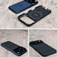 A composite image of a black iPhone 17 Pro Max case in a person's hand, showcasing the side and back.